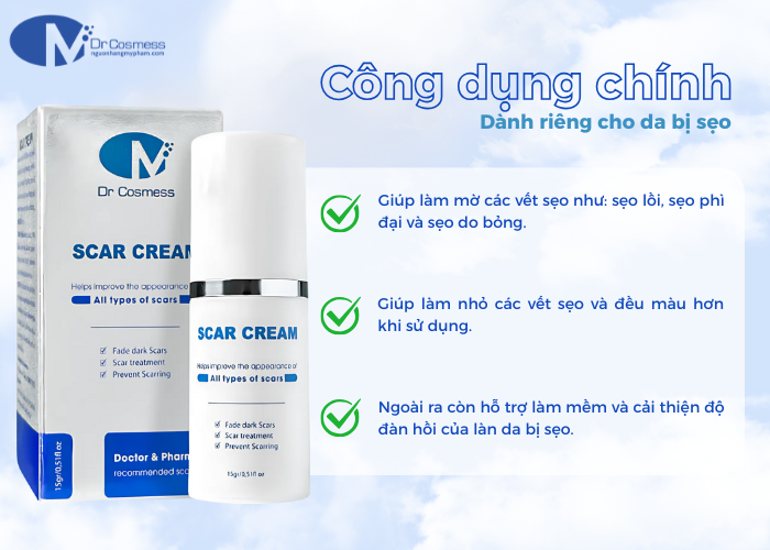 Kem trị sẹo lồi Dr Cosmess Scar Cream có các công dụng chính nổi bật