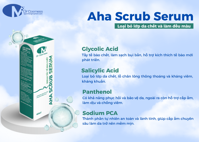 Những thành phần nổi bật có trong tẩy tế bào chết Dr Cosmess Aha Scrub Serum